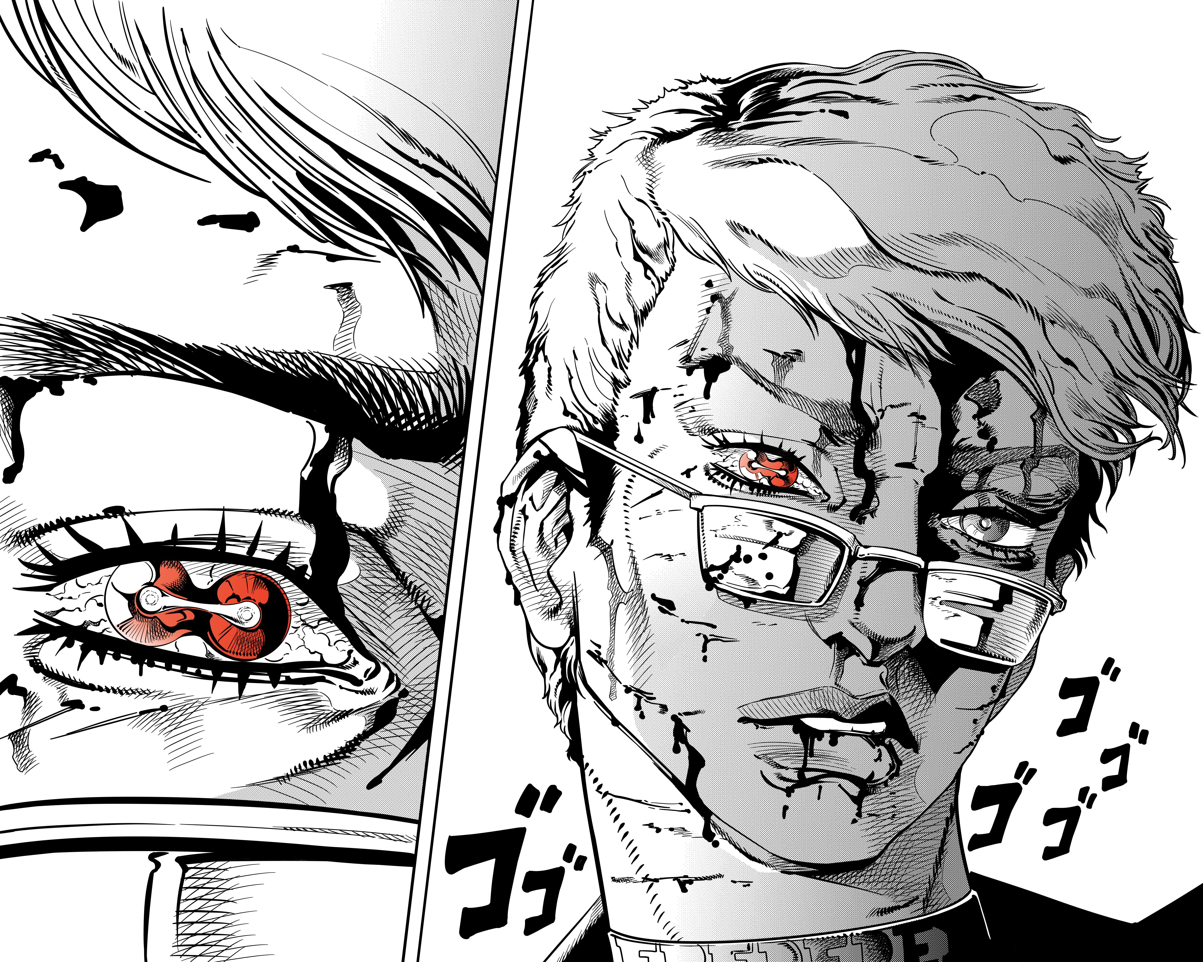 Ed's right eye somehow has two irises and two pupils -- fused together.